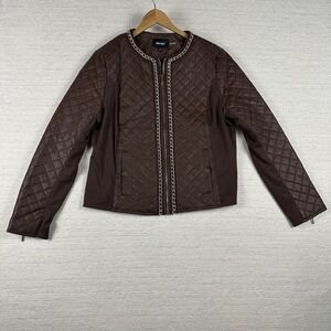 Womens Brown Nine West Quilted Leather Jacket Coat Gold Chain Trim Size XL